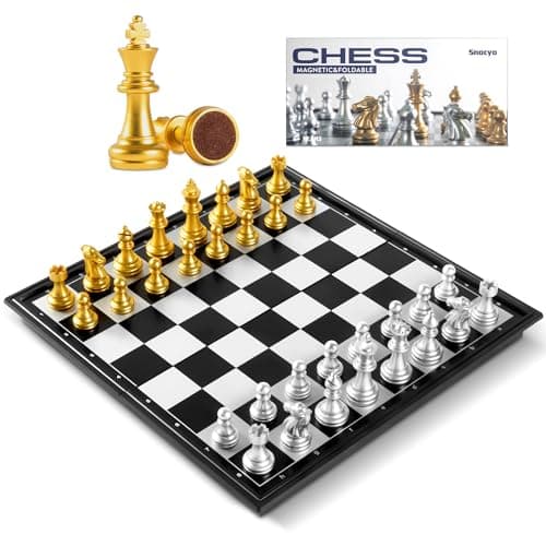Image of Snocyo Chess Board Set, Magnetic Folding Chess Set, Educational Toys Gifts, Portable Travel Chess Games, Board Games For Kids Adults (Glod/Silver)