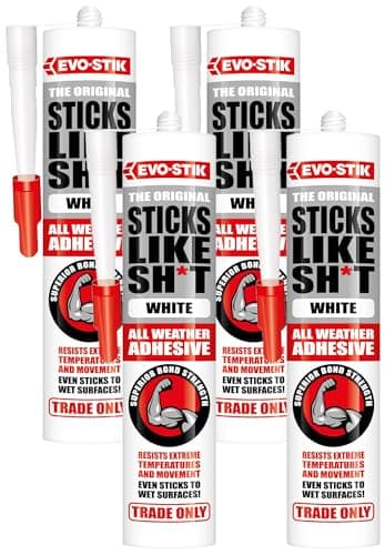 Image of EVO-STIK Sticks Like Sh*t Adhesive, All Weather, Extreme Temperature & Movement Resistant, Colour: White, Size: 290ml (Pack of 4)