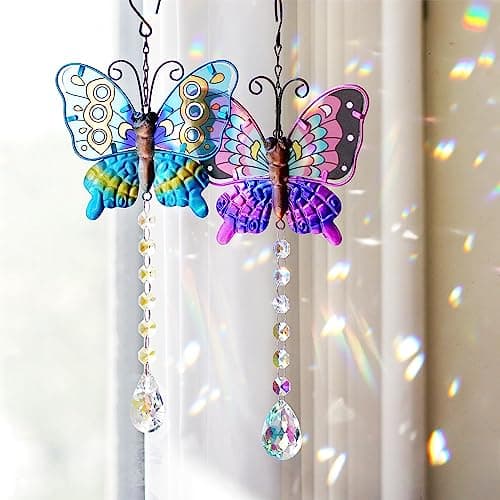 Image of Set 2 Metal Butterfly Suncatchers for Windows - 14" Outdoor Fence Wall Art Decor, Rainbow Prisms Sun Catchers with Crystals Hanging for Home Garden Ornament