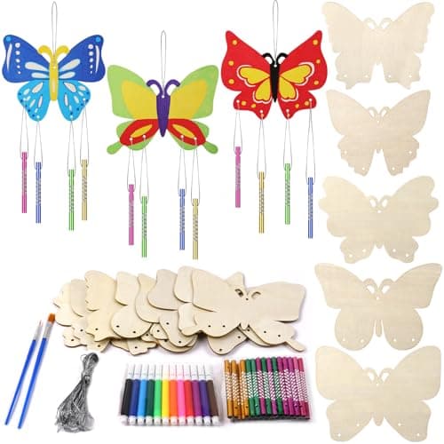 Image of Ainiv 8 Pack Butterfly Wind Chime Crafts, DIY Paint Wooden Windchimes, Butterfly Decorative Wind Chime Craft Set, Wooden DIY Art Craft Activities