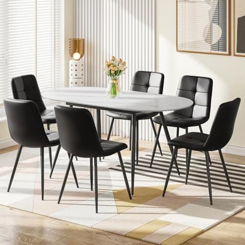 Image of Luxstein Extendable Dining Table and Chairs Set 6, 120-160cm Oval Mable Effect Table with 6 Black Upholstered PU Leather Chairs for Dining Room, Kitchen