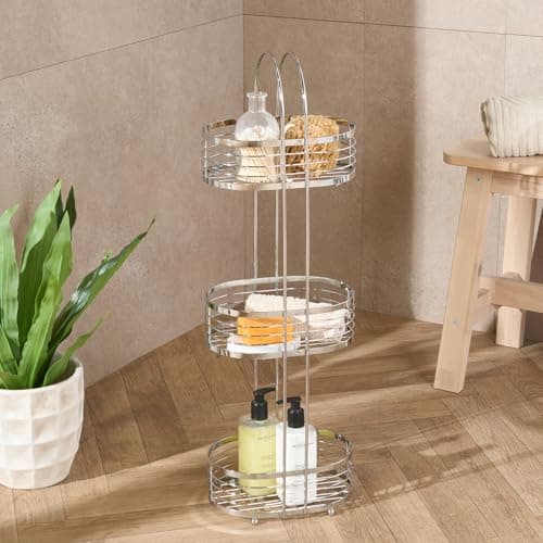 Image of OHS 3 Tier Shower Caddy Free Standing, Stainless Steel Tall Floor Bathroom Caddy Corner Shower Shelves Storage Organiser Rustproof Bathroom Accessories Display Shelves, Silver