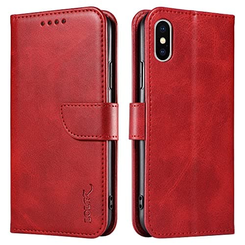 Image of LOLFZ Wallet Case for iPhone XS Max, Vintage Leather Book Case with Card Holder Kickstand Magnetic Closure Flip Case Cover for iPhone XS Max - Red