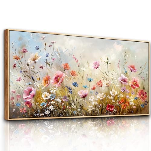 Image of hyidecorart Wooden Framed Canvas Wall Art for Living Room Large, 20"x40" Colorful Flower Sea Decor Aesthetic, Modern Paintings Artwork Wall Decorations for Office Bathroom Hallway Dining Room