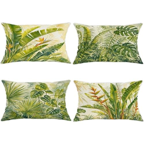 Image of Bird of Paradise Throw Pillow Covers Set of 4, Tropical Botanical Ferns Palm Leaves Summer Green with Hidden Zipper Couch Pillow Covers for Living Room Apartment Bed Sofa Decor 20x12 Inch
