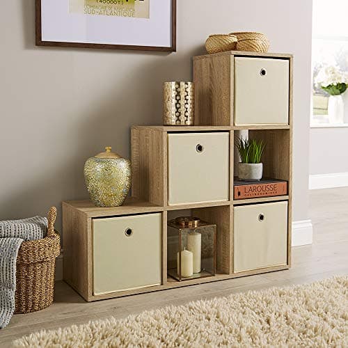 Image of Home Source Step Style Storage 6 Cube Bookcase Wooden Display Staircase, Oak Effect