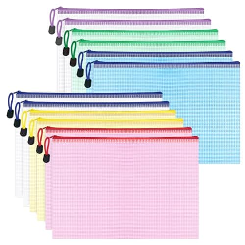 Image of WISYOK 12pcs A4 Colorful Plastic Wallets Zip, Zip Lock Bags Mesh, Plastic Folders, Document Wallets, Zip Folders, Zipper File Bags for Office, School, Travel, Home (33×23cm, 6 Colors)