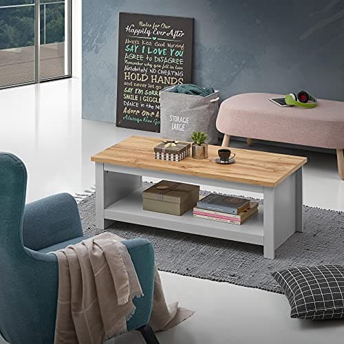 Image of Timber Art Design UK Lisbon Coffee Table With Open Shelf Storage for Living Room, Home, Bedroom Furniture, Grey with Oak Effect - 120 x 49.6 x 60 cm