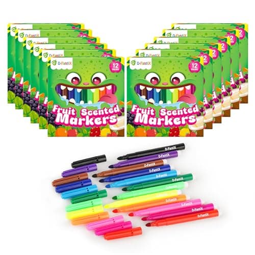 Image of D-FantiX 12 Packs Fruit Scented Washable Markers for Kids Toddlers, 144 Count Felt Tip Colouring Pens Set, Coloured Pens Bulk Art Supplies, Back to School Supplies, Gifts for Party Favors