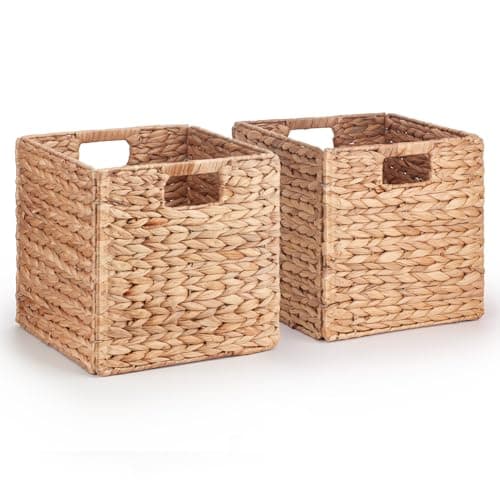 Image of Woodluv Set of 2 Foldable Water Hyacinth Storage Baskets With Inset Handles For Home/Office