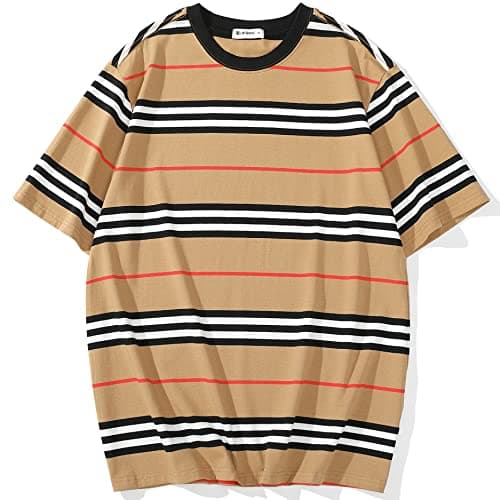 Image of KLIEGOU Men's Fashion Loose Fit Crewneck Stripe T-Shirt, 6132 Beige, Large