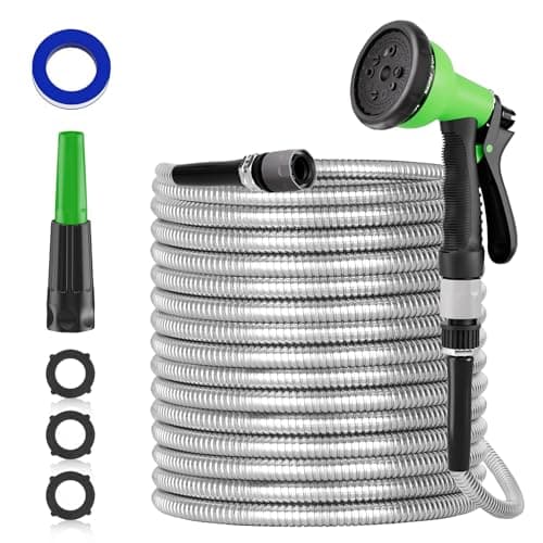 Image of SPECILITE 50ft 304 Stainless Steel Garden Hose, Heavy Duty Flexible Metal Water Pipe with 2 Nozzles for Yard, Outdoor,No Kink and Tangle,Puncture Resistant