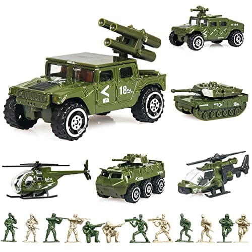 Image of 18 Pack Die-cast Military Vehicles Sets - 6 Pack Assorted Alloy Metal Models - 12 Pack Soldier Army Men, Mini Army Toy Tank, Panzer, Anti-Air Vehicle, Helicopter Playset for Boys