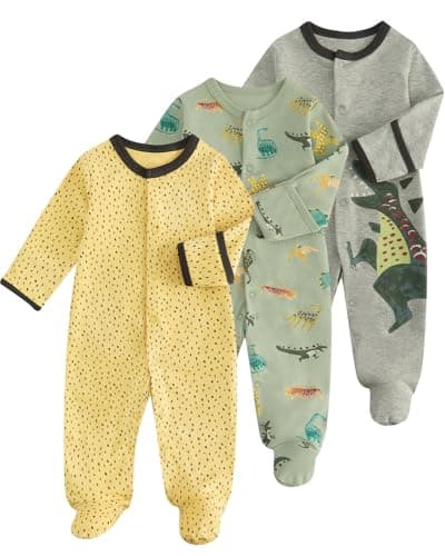 Image of JiAmy Baby Sleepsuits 3 Pack Newborn Boy Girl Cotton Long Sleeve Footed Rompers Baby Grows Jumpsuits with Mitten Cuffs for 0-3 Months Yellow Dinosaur