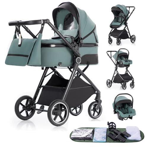 Image of Gcarebb 3 in 1 Prams Travel System, Travel Pram with Height Adjustable Handle, Pushchair with Rain Cover, Baby Stroller with Aluminum Frame for Newborn