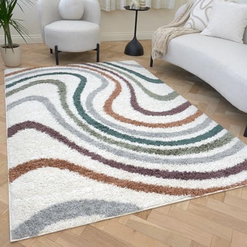 Image of THE RUGS Soft Shaggy Area Rug – Modern Patterned Carpet for Living Room & Bedroom, Extra Plush, Easy to Clean, Abstract Wave Design (80x150 cm, Multicolour)