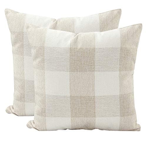 Image of JOTOM Plaids Tartan Linen Pillow Cover,Cushion Covers for Home Sofa Car Outdoor Decorative 45 x 45cm,Set of 2 (Checkered,Beige White)