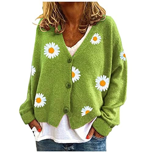 Image of HULKAY Women's Floral Print Long Sleeve V-Neck Sweaters Button Down Ribbed Cuffs Knit Cropped Cardigan Sweater Green