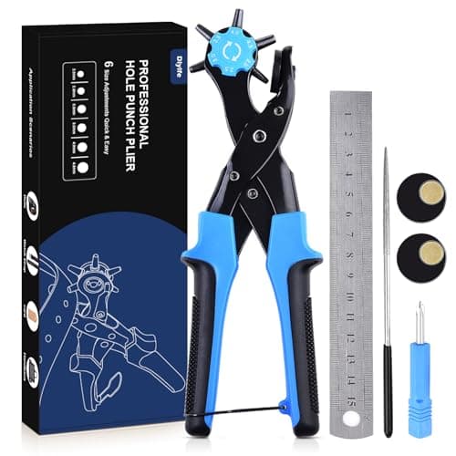 Image of Leather Hole Punch, [Upgraded Version][Perfect Full Set] Diyife Belt Puncher, Heavy Duty Revolving Plier Tool with 2 Extra Plates and Ruler, Multi Sized for Crafts, Card, Rubber, etc, Blue