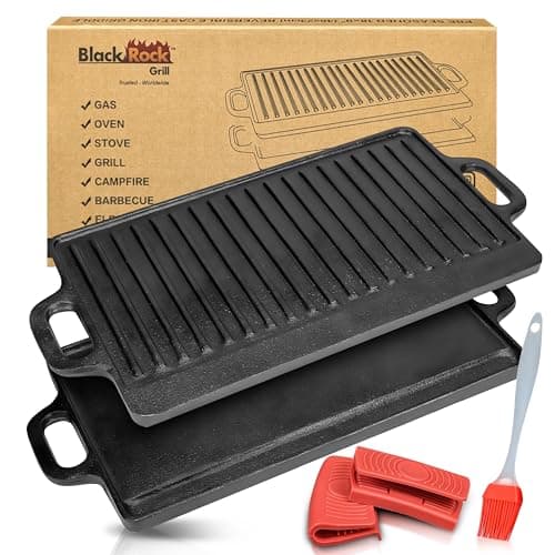 Image of Black Rock Grill Cast Iron Griddle Reversible Pan - BBQ Griddle Plate for Gas bbq, Electric or Gas Hob, Oven- 46cm x 23cm (18 inch x 9 inch), Includes Silicone Grip Handles & Marinating Food Oil Brush