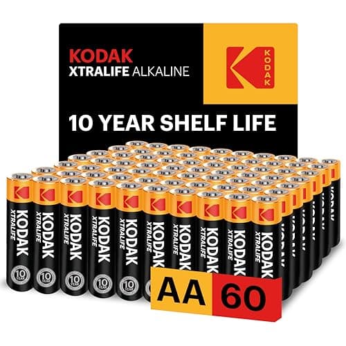 Image of Kodak Xtralife 60-Pack AA Batteries, Double A Alkaline Battery Pack, 1.5V, 10-Year Shelf Life, LR6, Ideal for High-Drain Devices, 12x More Power, Plastic Free Cardboard Outer Carton