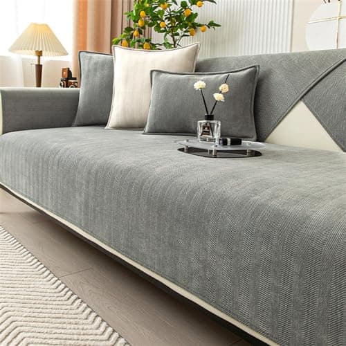 Image of Herringbone Chenille Fabric Furniture Protector Sofa Cover 1 Seater, Non-Slip Sofa Slipcovers for Corner L Shape, Thick Textured Sofa Cushion Covers Furniture Protector (Grey,70x70cm)