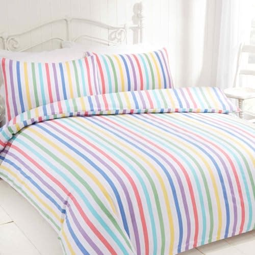 Image of Rapport home Candy Stripe Double Duvet Cover Set - 100% Cotton, Multicolour Striped Pattern, Easy Care Bedding for Kids & Adults