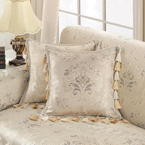 Image of TOPLUXE Jacquard Cushion Cover with Tassels, Decorative Throw Pillow Cover with Invisible Zipper, Soft Square Pillowcase 45x45 cm for Sofa Couch Living Room Bedroom (Beige)