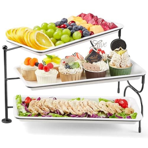 Image of Lifewit 3 Tier Serving Tray for Party Supplies, 14 x 6.5" Plastic Platters for Food, White Rotating Trays with Black Metal Display Stand for Buffets, Cake, Snack, Veggie, Fruit, Cookies, Dessert