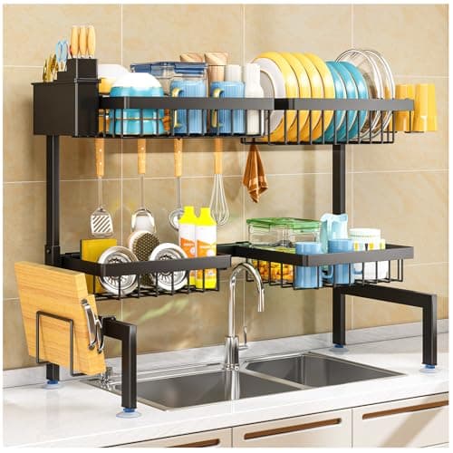 Image of PurKeep Dish Drainer Rack - Over the Sink Dish Drying Rack with 4 Basket, 2-Tier Expandable (24.8 "-35.4") Kitchen Dish Rack with Metal Hook, Black