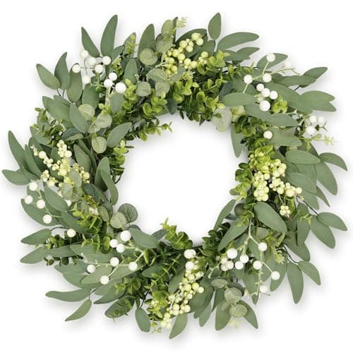 Image of petalyn 20 Inch Eucalyptus Wreath for Front Door, Artificial Spring Summer Green Wreath with Berries, Boxwood Door Wreaths for Farmhouse Wedding Hanging Wall Fireplace Window All Year Decor