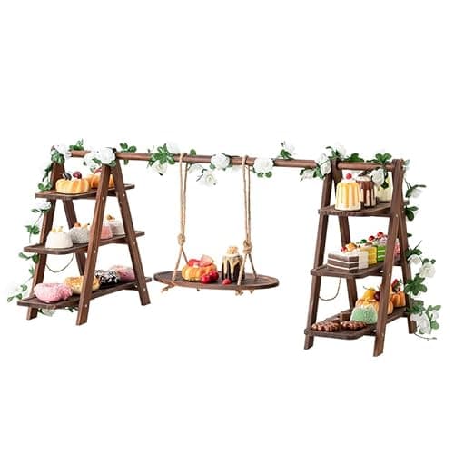Image of Wooden Cupcake Stand, 3 Tier Cupcake Display Stand with Swing and Flower, Foldable Stand for Snack Fruit Chips Bread, Dessert Table Display Set for Party, Birthday, Wedding, Events, Baby Shower