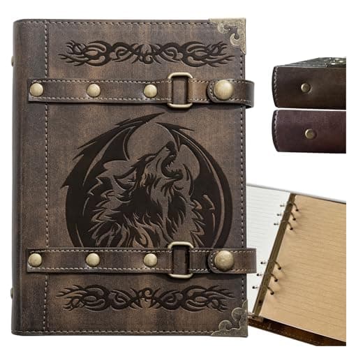 Image of DUROTAN DND Notebook Wolf Journal For Men Women - 400 pages Vintage Leather Notepad Notebook Diary D&d GM Gifts Dungeons And Dragons Accessories(7-Khaki-Wolf)