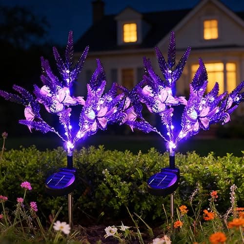 Image of YOFHPT 2pcs Butterfly Solar Lights Outdoor Garden, Purple Lavender Solar Flower Lights, So-lar Lig-hts Outdoor Garden Stake, So-lar Pathway Lig-hts Butterfly for Yard Patio Pathway Lawn Courtyard