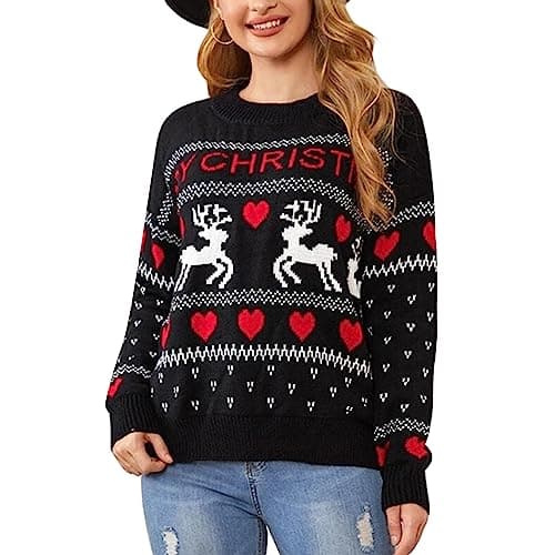 Image of GirarYou Women's Cute Christmas Sweater Long Sleeve Crewneck Funny Printed Holiday Pullover Jumpers Tops Knit Sweatshirts (Black, S)