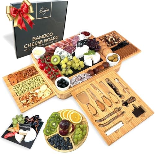 Image of Bamboo Cheese Board and Knife Set Ceramic Bowls Wine Opener - 100% Organic Wood Serving Tray Charcuterie Board Perfect Choice for Gourmets, Birthday Presents, Wedding Gifts, Mothers & Housewarming