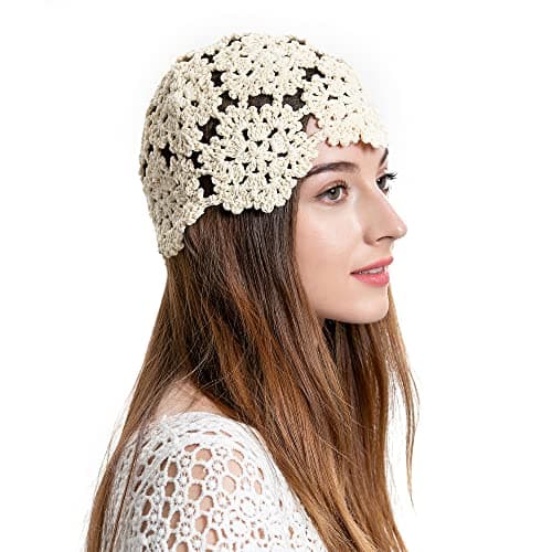 Image of ZLYC Women Cotton Crochet Skull Cap Handmade Knit Cutout Floral Beanie Hat (Beige),One Size