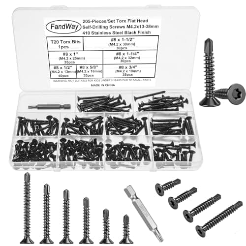 Image of FandWay 205 Pcs Torx Self Tapping Screws Metal,M4.2x13~38mm Torx Countersunk Self Drilling Screws,Flat Head Sheet Metal Tek Screw 410 Stainless Steel Black Coating With 1 T20 Bits For Metalwork.