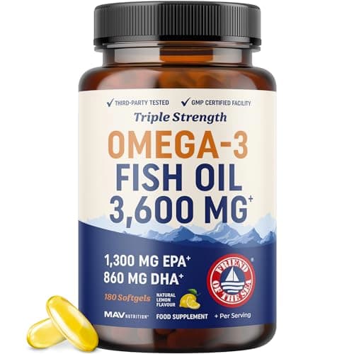 Image of Triple Strength Omega 3 Fish Oil 3600 mg | EPA & DHA | Over 2100mg Omega-3 Fatty Acids | 1300mg EPA + 860mg DHA | Best Essential Fatty Acids | Premium Wild Caught & Burpless Fish Oil | 180 Ct