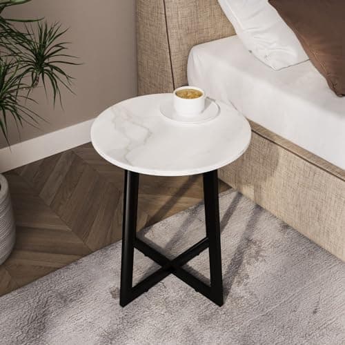 Image of URBNLIVING 40cm Diameter Round MDF Coffee Side End Table with Steel Frame Legs Marble Look Living Room