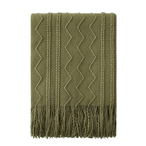 Image of BOURINA Textured Solid Soft Sofa Throw Couch Cover Knitted Decorative Blanket,Olive, 127x152cm