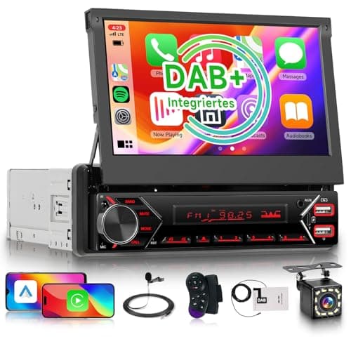 Image of DAB/DAB+ Single Din Flip Out Radio with Wireless Carplay Android Auto, Hodozzy 7" Electric Flip Out 1 Din Touch Screen Bluetooth Car Stereo with Mirrorlink/EQ/FM/USB/Type-C/AUX/Mic+ Reverse Camera