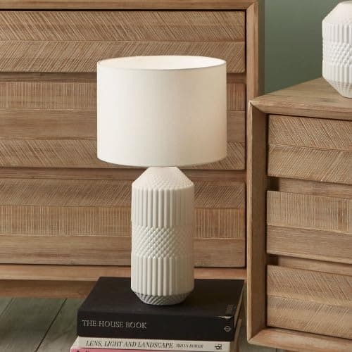 Image of Pacific Lifestyle Geometric Textured Tall Ceramic Table Lamp for Living Room - Modern Scandi Neutral Geo Embossed with White Drum Shade