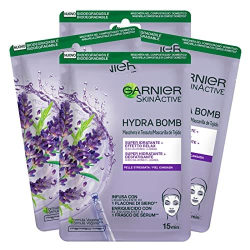 Image of Garnier SkinActive Hydra Bomb Super Moisturizing Sheet Face Mask with Relaxing Effect Vegan Formula with Lavender and Hyaluronic Acid with Relaxing Action for Stressed Skin - 4 Disposable Masks