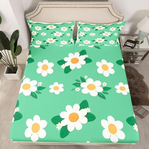 Image of Latwerio Double Fitted Sheet Flowers, 3D Fitted Bed Sheet Double Green Deep Pocket 12 inch (30 cm) - Soft Microfibre Fitted Sheets - Shrinkage and Fade Resistant Bedding - Bottom Sheet T12