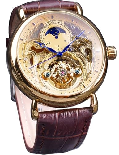 Image of FORSINING Luxury Men's Watch with Moon Phase & Tourbillon, Retro Skeleton Hollow Self-wind Mechanical Wristwatch, Leather Belt Automatic Movement Men Watches, gold gold, Mechanical