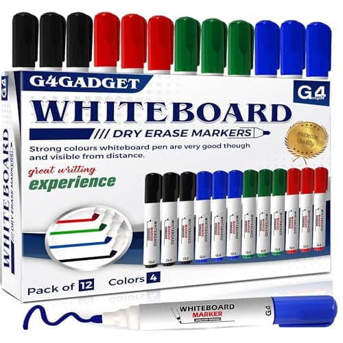 Image of G4GADGET Whiteboard Markers Bullet Tip 12 Pack – Dry Erase Pens for Whiteboard, 4 Assorted Colours (Black, Blue, Green, Red) – Dry Wipe Pens for School, Office & Classroom Use