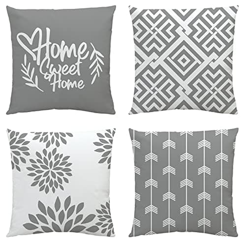 Image of NIULAA Set of 4 Cushion Covers 45 x 45 Velvet Grey White Cushion Cover 18x18 Modern Square Geometric Cushions Quotes Home Decor Pillow Cases for Sofa Bed Outdoor Garden
