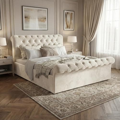 Image of Blisswood Ottoman Bed, Gas Lift Up Upholstered Bed Frame, Wooden Slats Space Saving Bed UKFR Velvet Bed Frame With Storage (5ft Beige King Size, No Mattress)