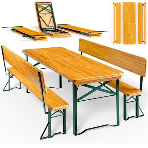 Image of CASARIA® Wooden Outdoor Party Trestle Table & Pew Benches | Folding Foldable Beer Tent Set | 170 x 70cm Table | Party BBQ Camping Set with Removable Backrests